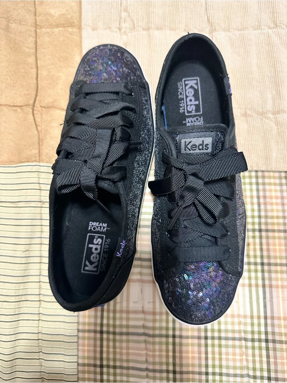 Keds Kids Black Iridescent Sequin Ribbon Lace Sneakers